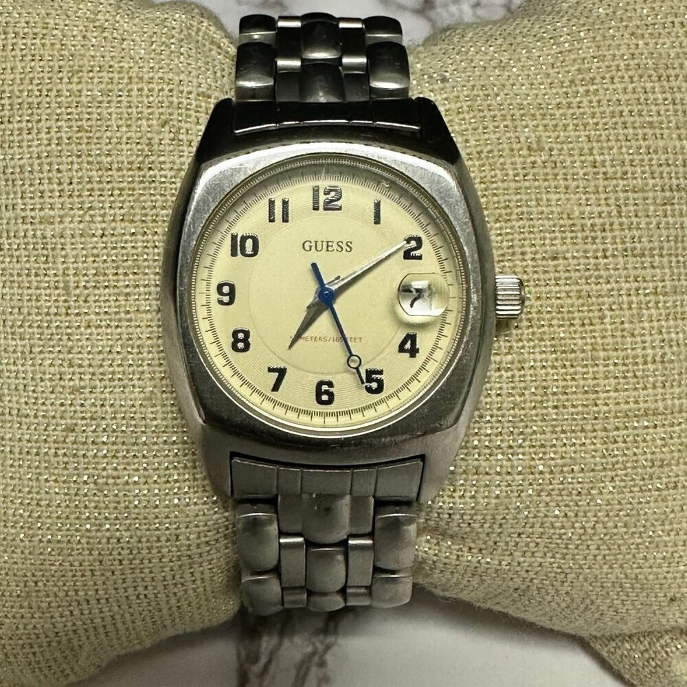 Vintage Guess Waterpro Watch Women Silver Tone Date Window New Battery 6.5 Inch